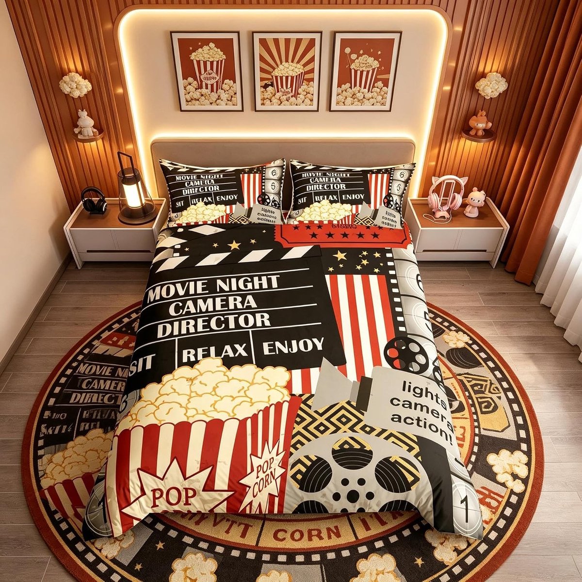 Vintage Cinema Dekbedovertrek Eenpersoons met Filmthema voor Jongeren en Volwassenen, Inclusief Popcorn en Filmstrip Ontwerp, Ademend en Decoratief 2-delig Bedset