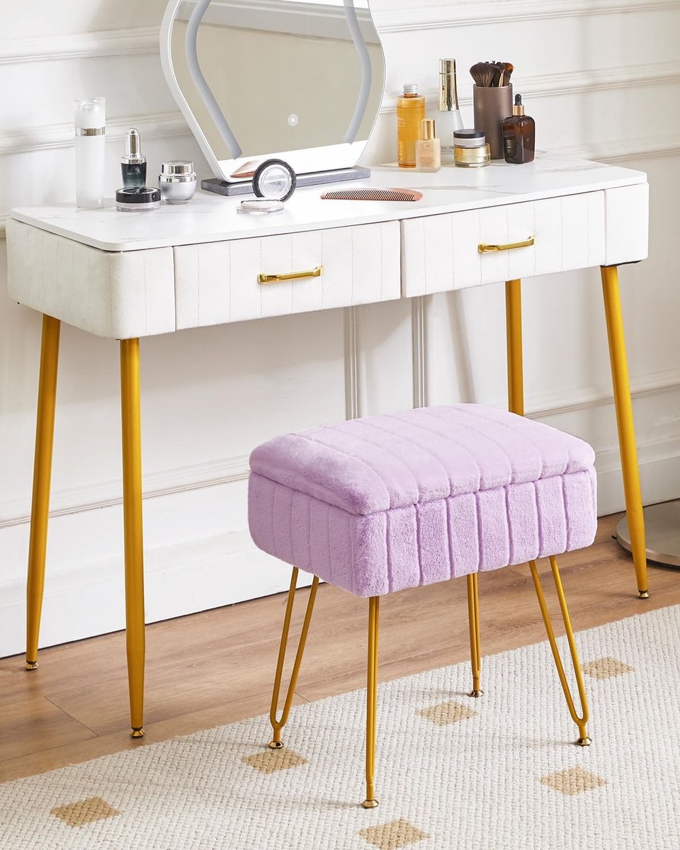 Stijlvolle poef met opbergruimte, luxe nepbont, paarse kleur, ideaal voor make-up en interieurdecoratie