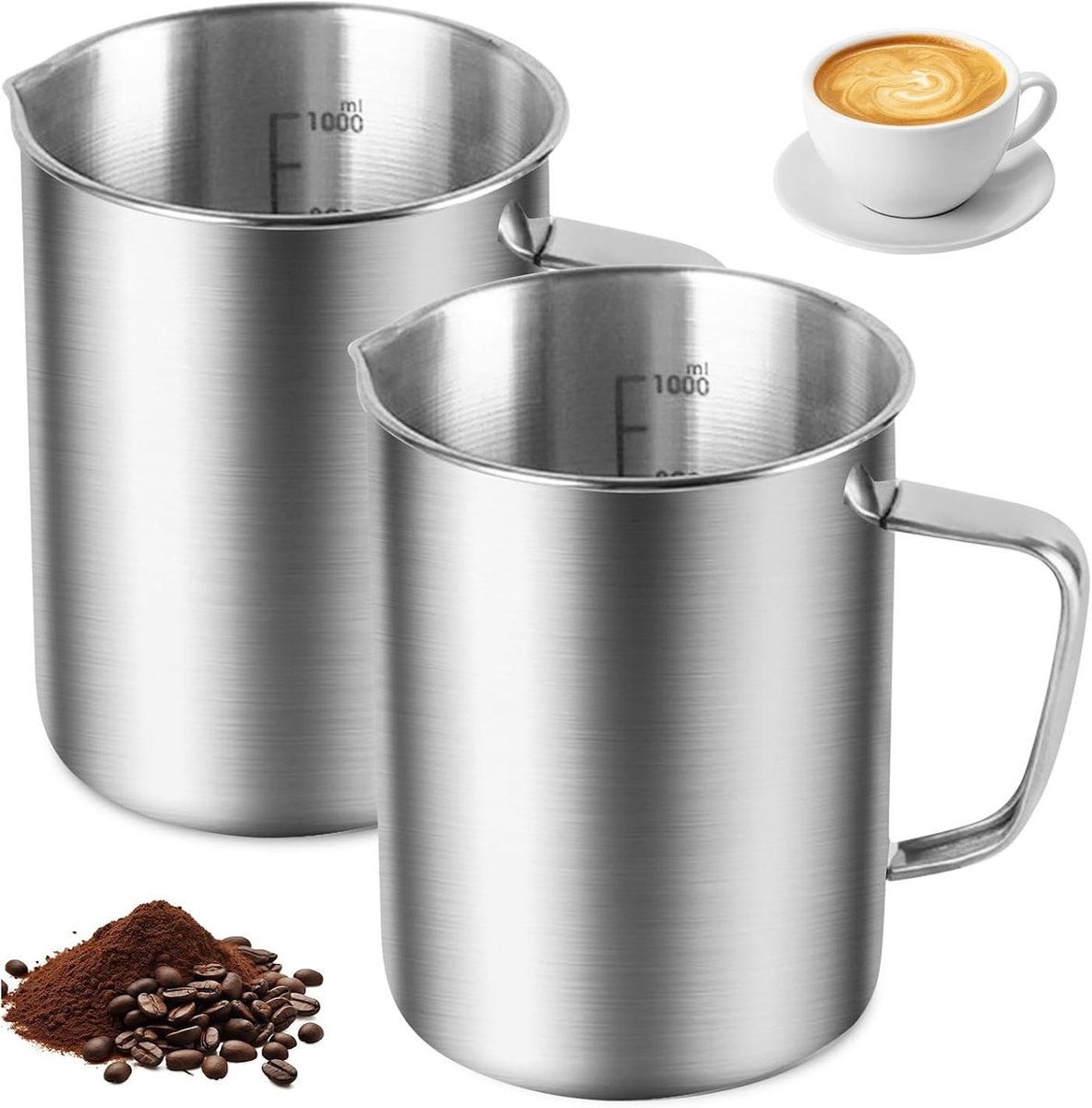 longziming - Set van 2 RVS Maatbekers - 1 Liter - Robuuste Roestvrijstalen Maatbeker met Fijne Maataanduiding en Handvat - Voedselveilig - Voor Keuken, Bar en Café - Vaatwasserbestendig