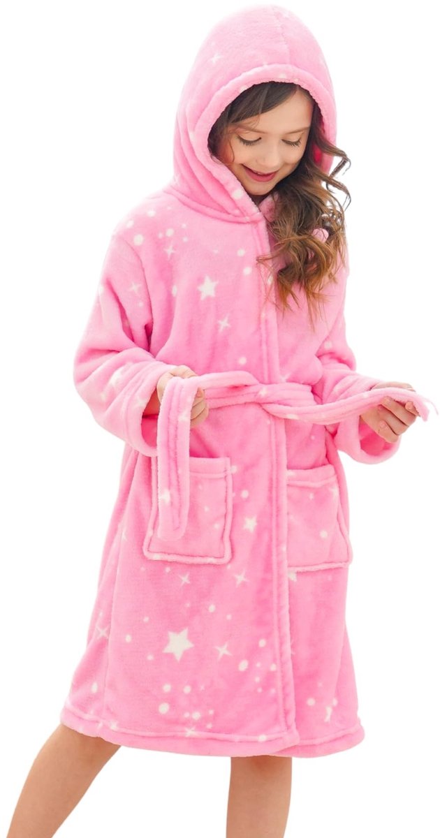 Meisjes Fleece Badjas met Kap - Sterrenpatroon - Roze