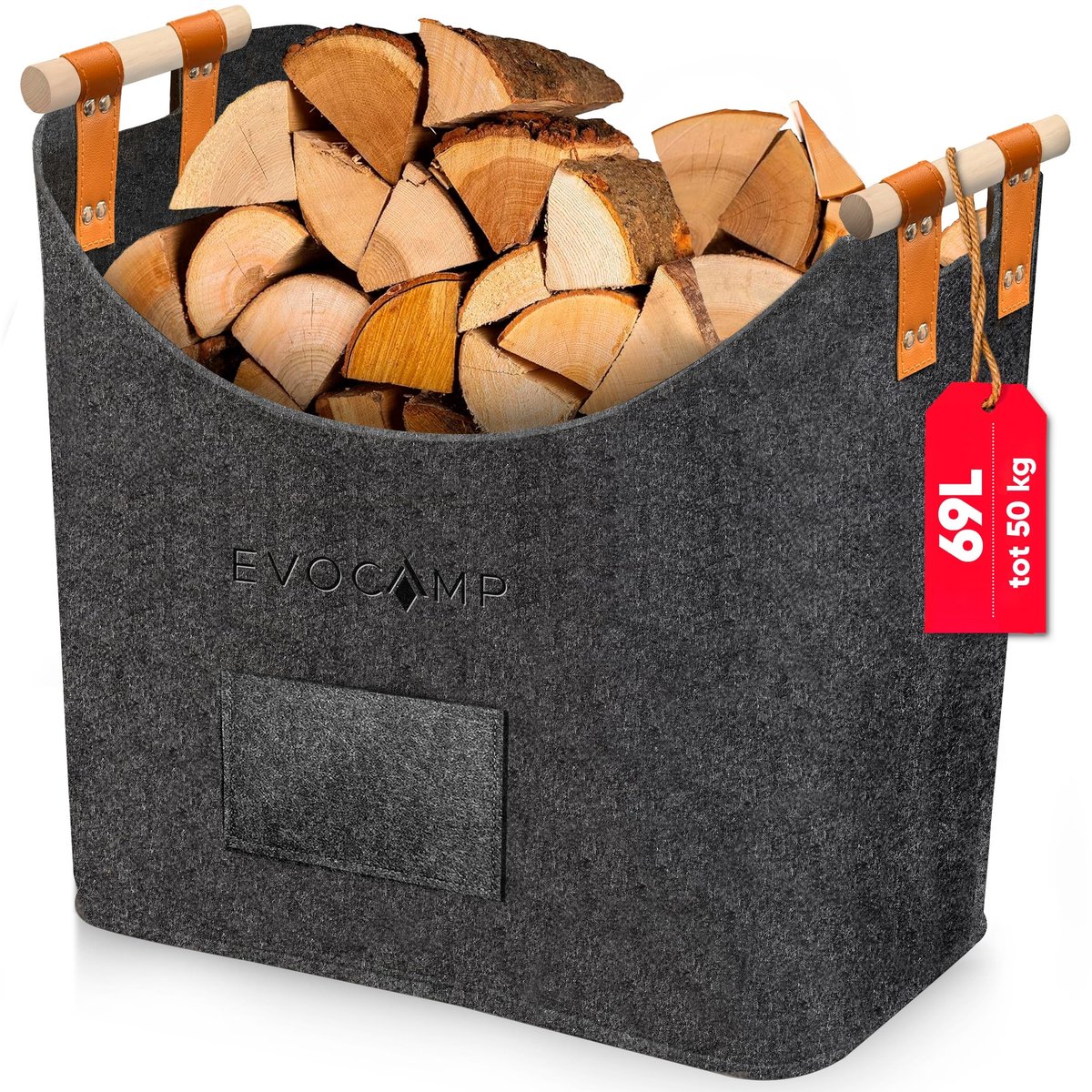 Grote Vilt Houtmand voor Haardhout - Met Houten Handvatten - Donkergrijs 44x44x30cm