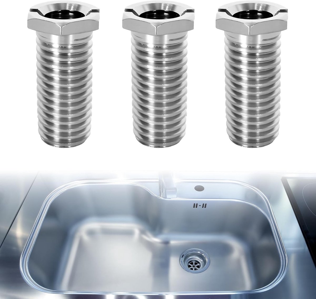 3-delige set M12 x 30mm holle schroeven voor afvoervalkleppen, roestvrijstalen bevestigingsmateriaal voor spoelbakken, ideaal voor keukenaccessoires en sanitair