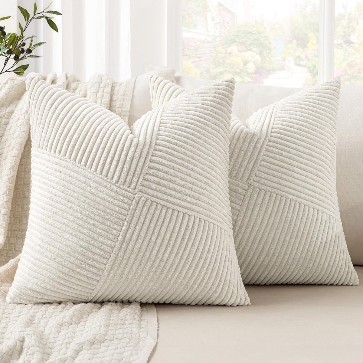 Decoratieve Kussenhoezen 50 x 50 cm Crème Witte Corduroy Patchwork Design Boho Stijl Set van 2 voor Sofa en Slaapkamer