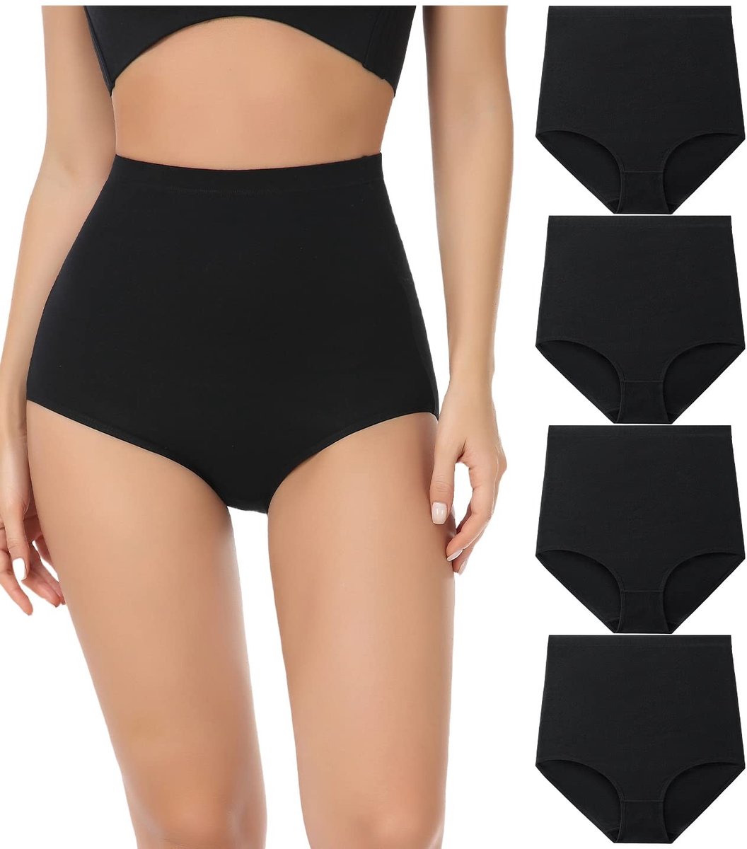 Dames Ondergoed - Rekbare Katoenen Panty's met Hoge Taille - Zwart 4-pack