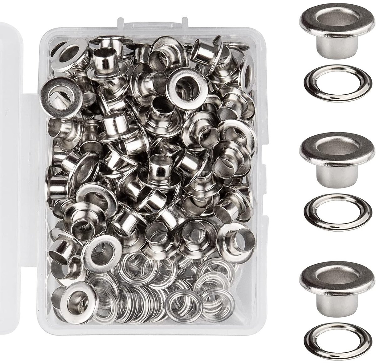 Set van 100 koperen oogjes met ringen voor leer, stof en kleding - 5 mm, inclusief plastic opbergdoos
