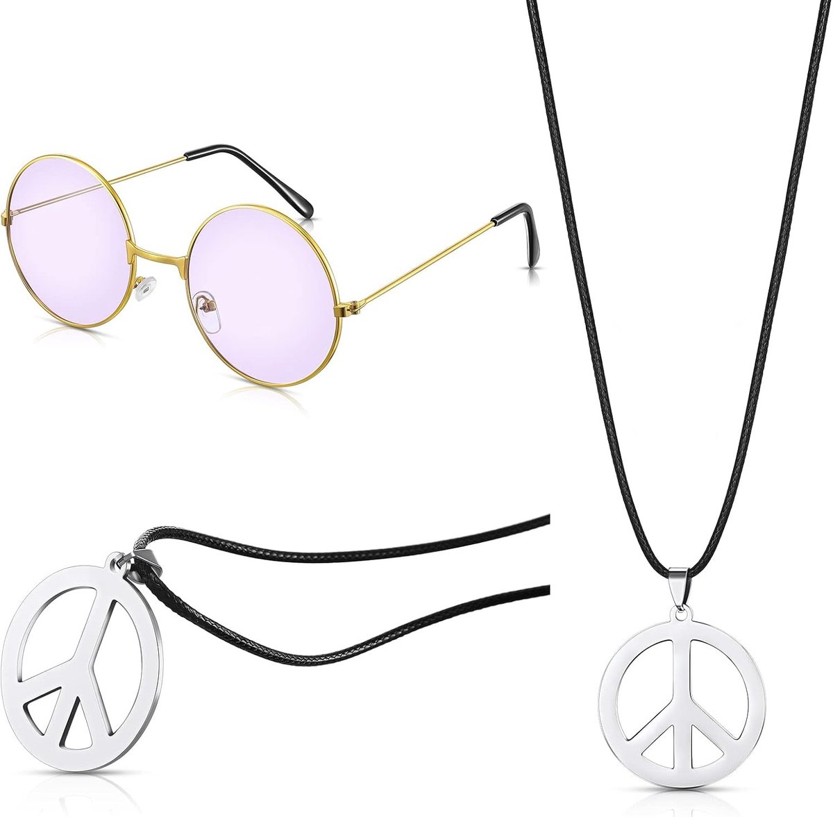 Retro Hippie Kostuum Accessoires Set met Ronde 60s Stijl Zonnebril en Vredesteken Ketting voor Feestelijke Dresscode en Themadagen