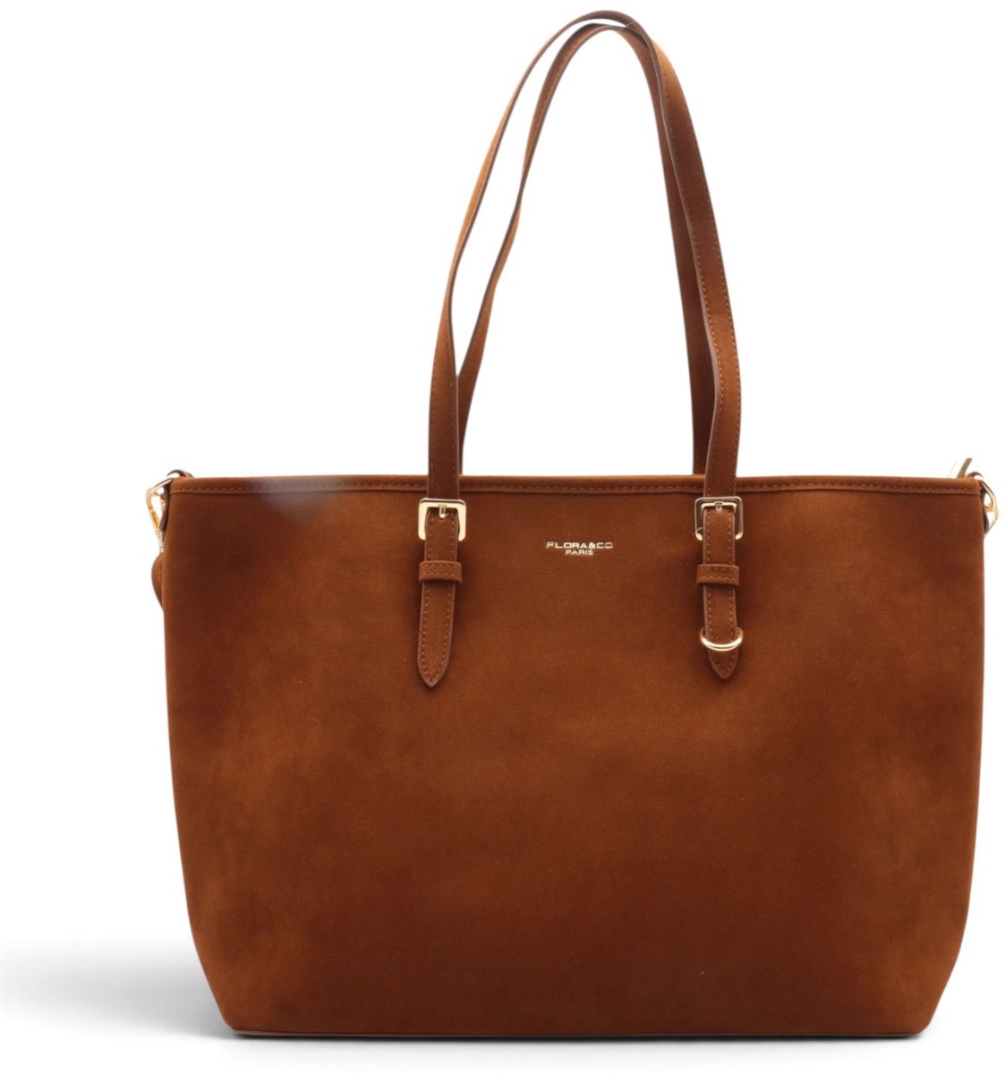 Flora&Co - STELLA - suède look - grote handtas/tote bag met lange instelbare draagriem - camel/bruin - geschikt voor A4 - ideaal voor school- of werktas