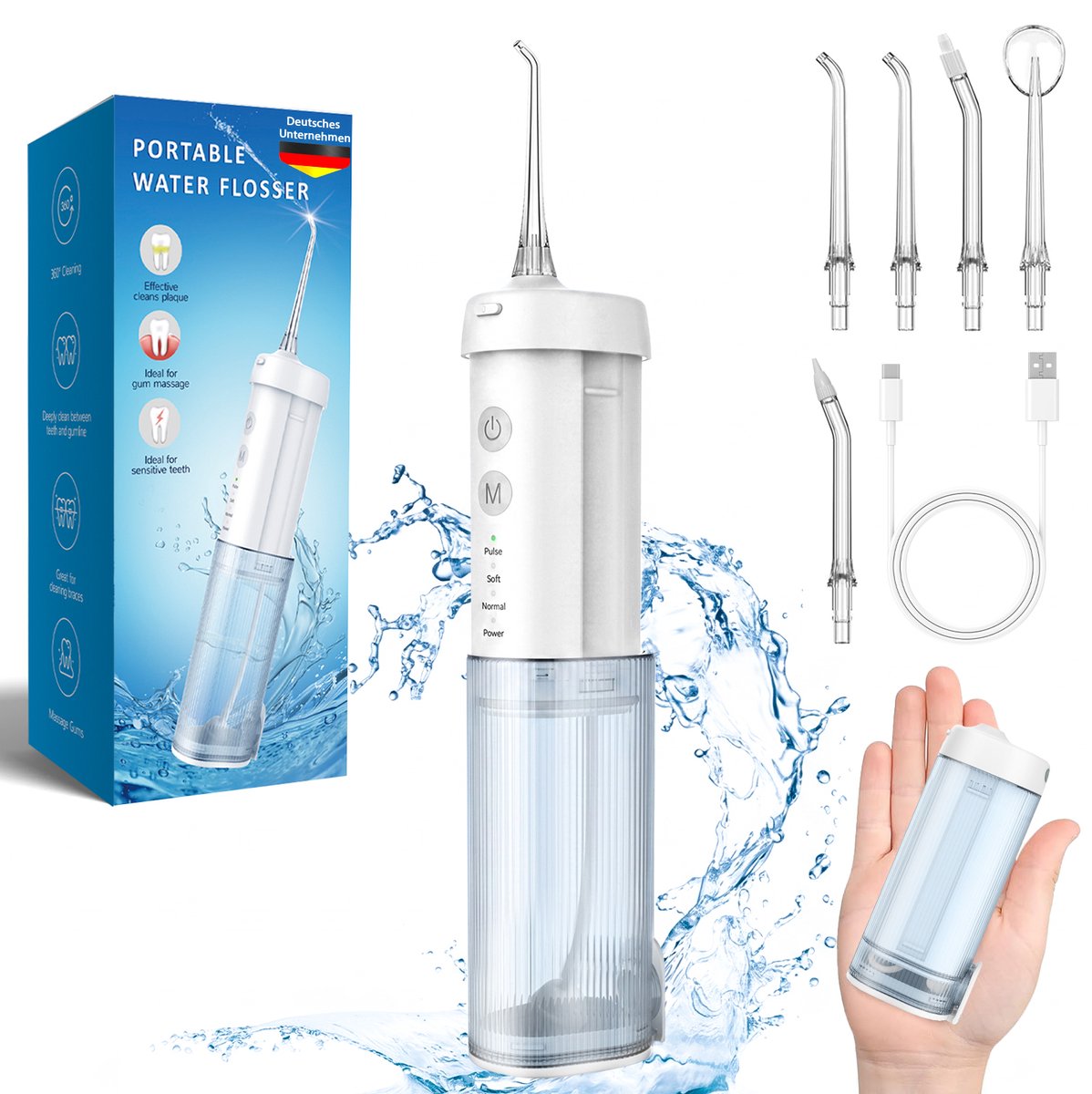 FOSMET Waterflosser - Waterflosser Draadloos - Elektrische Monddouche - 4 Standen & 5 Opzetstukken - 360° Draaibaar - 2200 mAh - 210 ml Watertank - IPX7 Waterdicht - Tandplak Verwijderaars - Tandvlees- & Tandverzorging - Cadeau voor Mondhygiëne