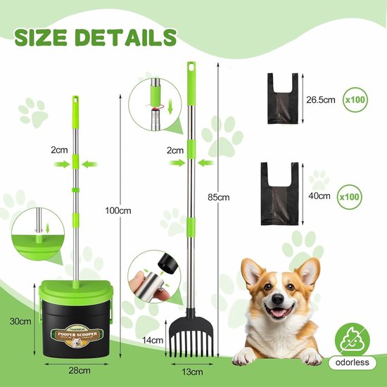 Draaibare poepverzamelaar voor honden met hark en handvat, 85 cm, inclusief 200 zakken, lichtgroen — afbeelding 5