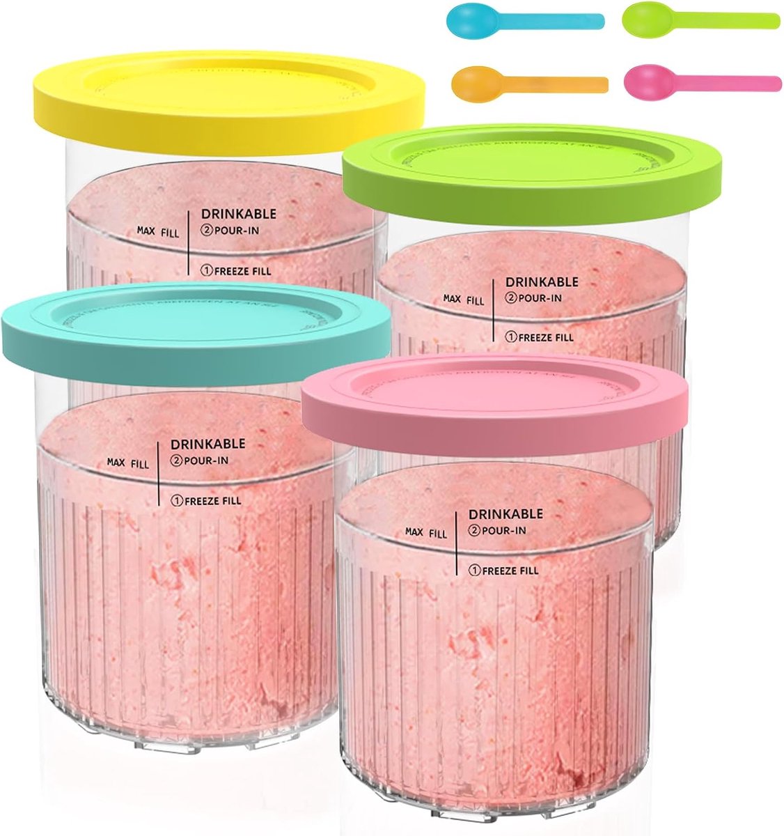 KZQ 4-delige ijsbakjes set 24oz met deksels en 4 lepels - Lekvrij en herbruikbaar - Vier kleuren - Inclusief bijpassende lepels - Multicolor