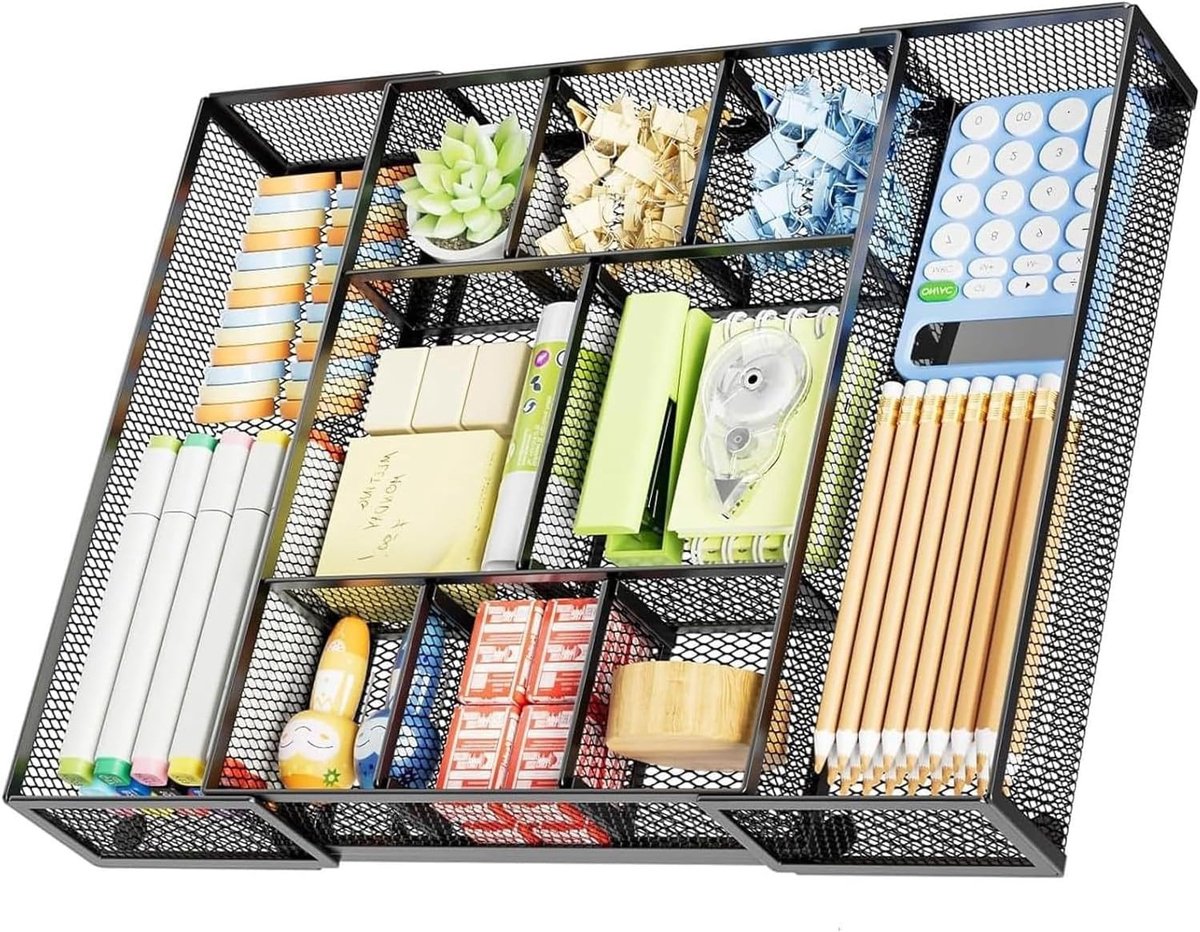 Praktische bureaublad organizer met 10 verstelbare compartimenten en 5 lades voor kantoorbenodigdheden, make-up en huishoudelijke items in zwart