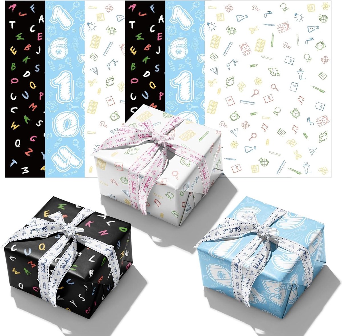 6 stuks Geschenkpapier voor Schoolbegin, Feestelijke Verpakking voor Kinderen, Deko voor Verjaardag en Schoolfeest
