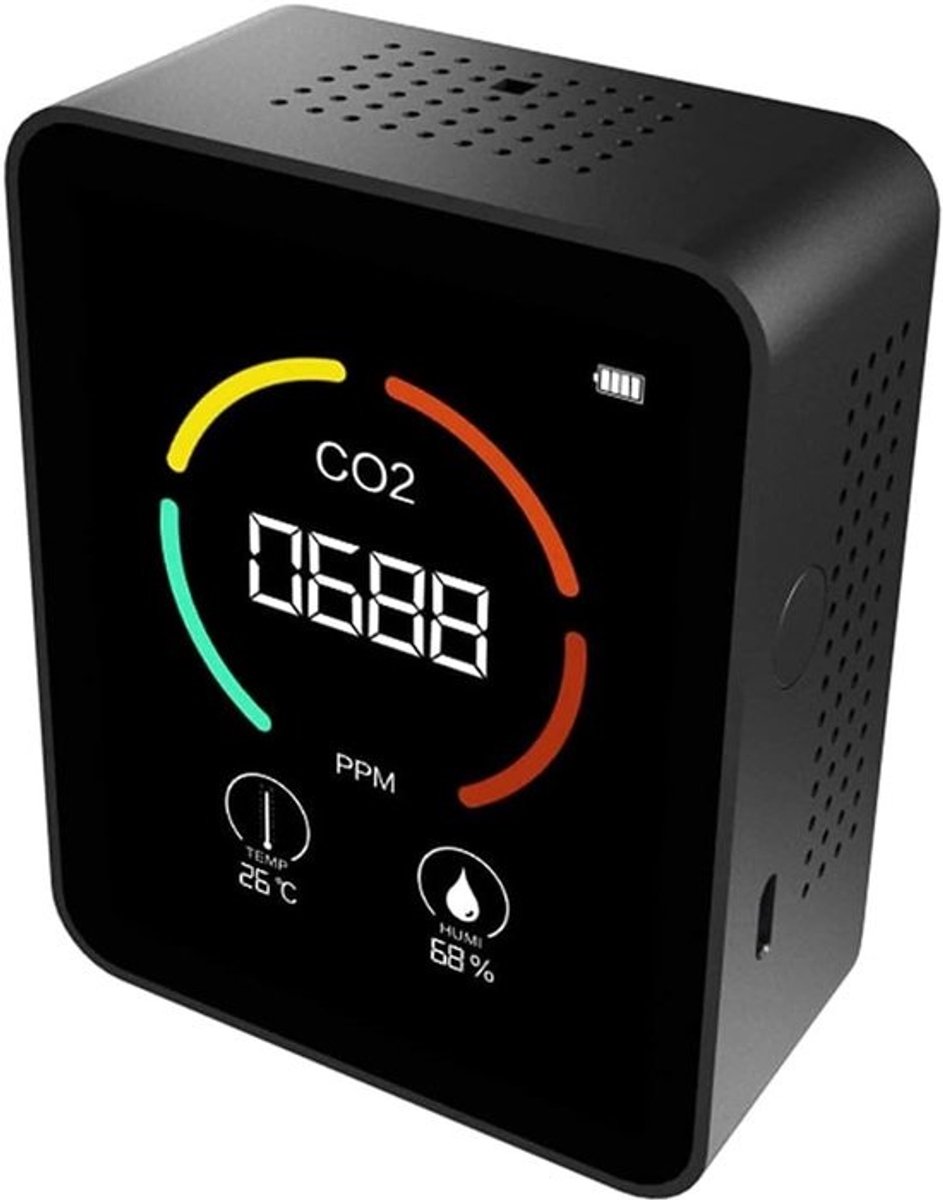 CO2 Meter - Luchtkwaliteitsmonitor Detector - Binnenlucht Meten - Drie-in-één Sensor - 89x70x35 mm - Zwart