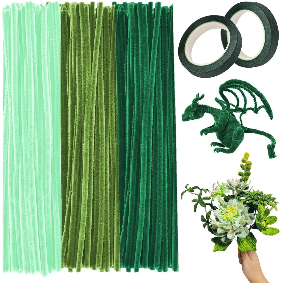 Creatieve groene pijpenragers set van 300 stuks met 2 groene plakbanden, ideaal voor bloemen, dieren en DIY knutselprojecten