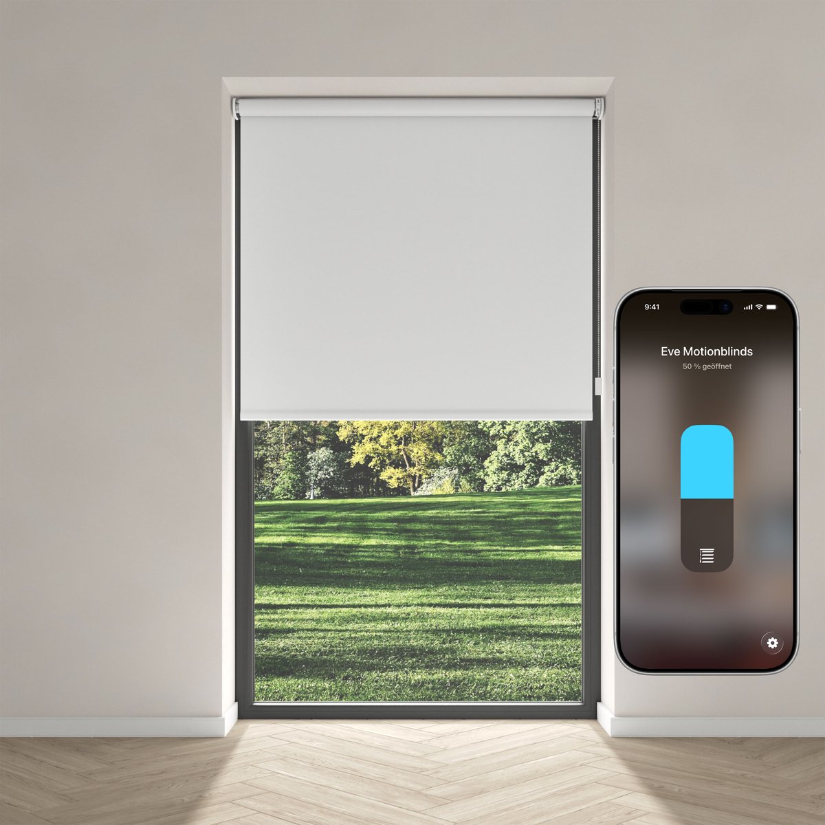 Eve Motionblinds (Matter) - Slim elektrisch rolgordijn voor binnen, app-/spraakbediening, schema's, verduisterend, oplaadbare accu, vrijhangend, schroefmontage, automatiseringen, vereist een hub, wit - 120x190cm