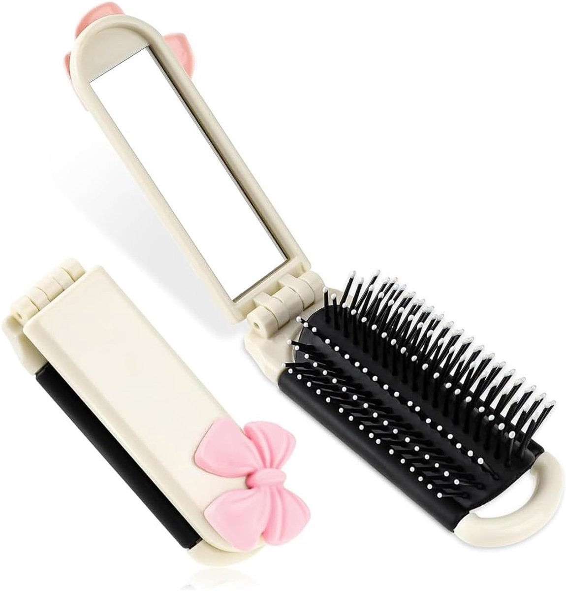 Thijox - Reis-haarborstel met spiegel, inklapbaar, mini-massageborstel, compacte zakformaat haarstyling-tool voor sportschool, vakantie en onderweg