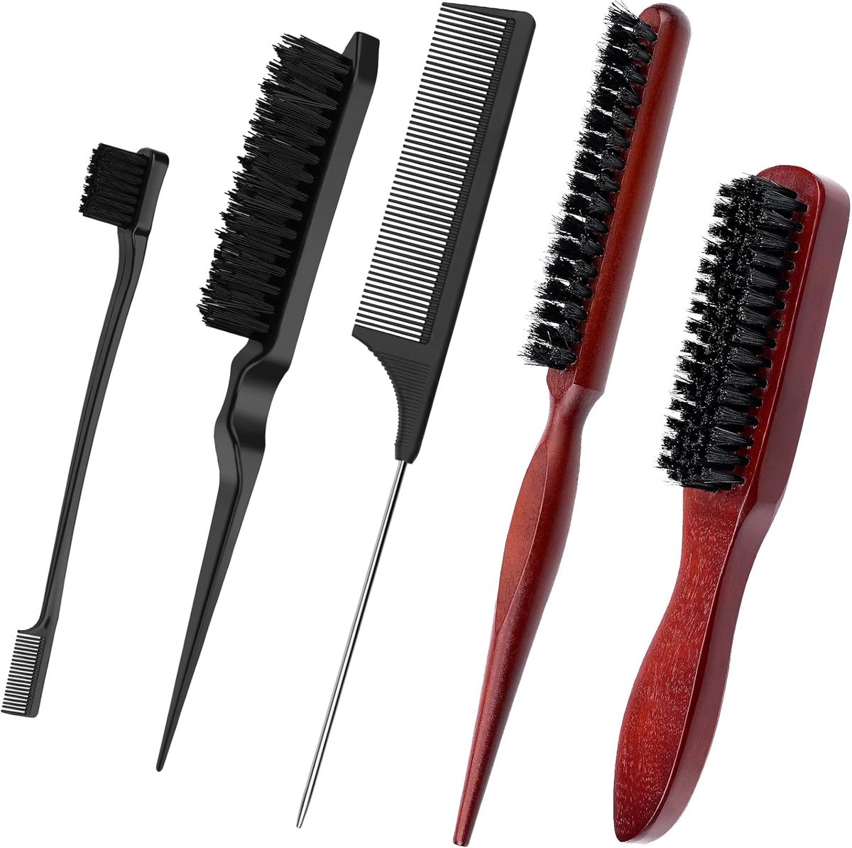Thijox - 5-delige Edges Borstelset voor Sleek Bun, Haarborstel met Dichte Borstelharen, Perfect voor Haarstyling, Baardverzorging, Masseren van de Hoo