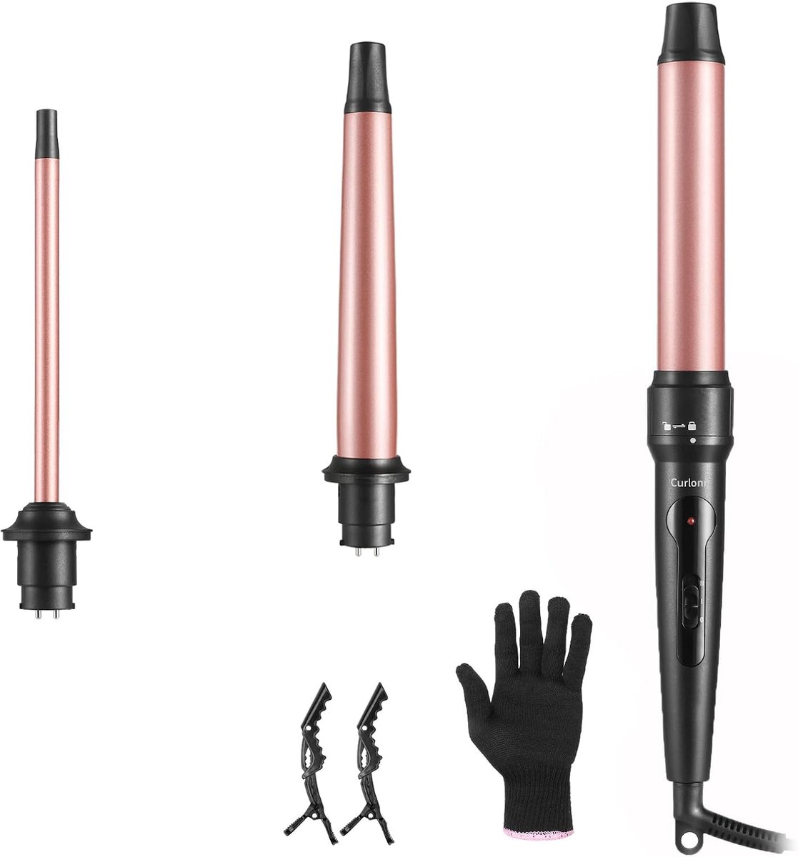 Thijox - 3-in-1 Krultang Set voor Grote en Kleine Krullen, Keramische Toermalijncoating, Professionele Krultang met 3 Opzetstukken (9/19-25/32 mm), Pe