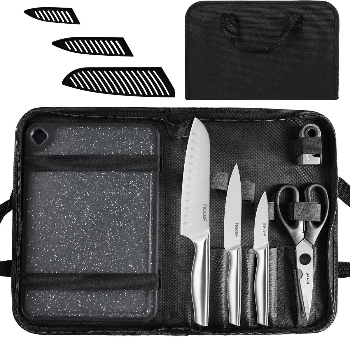 SnelShoppen - 10-in-1 Roestvrij Stalen Messen Set met Hoezen, Omkeerbare Snijplank, Slijper, Schaar en Opbergtas - Perfect voor Koken, Kamperen, BBQ e