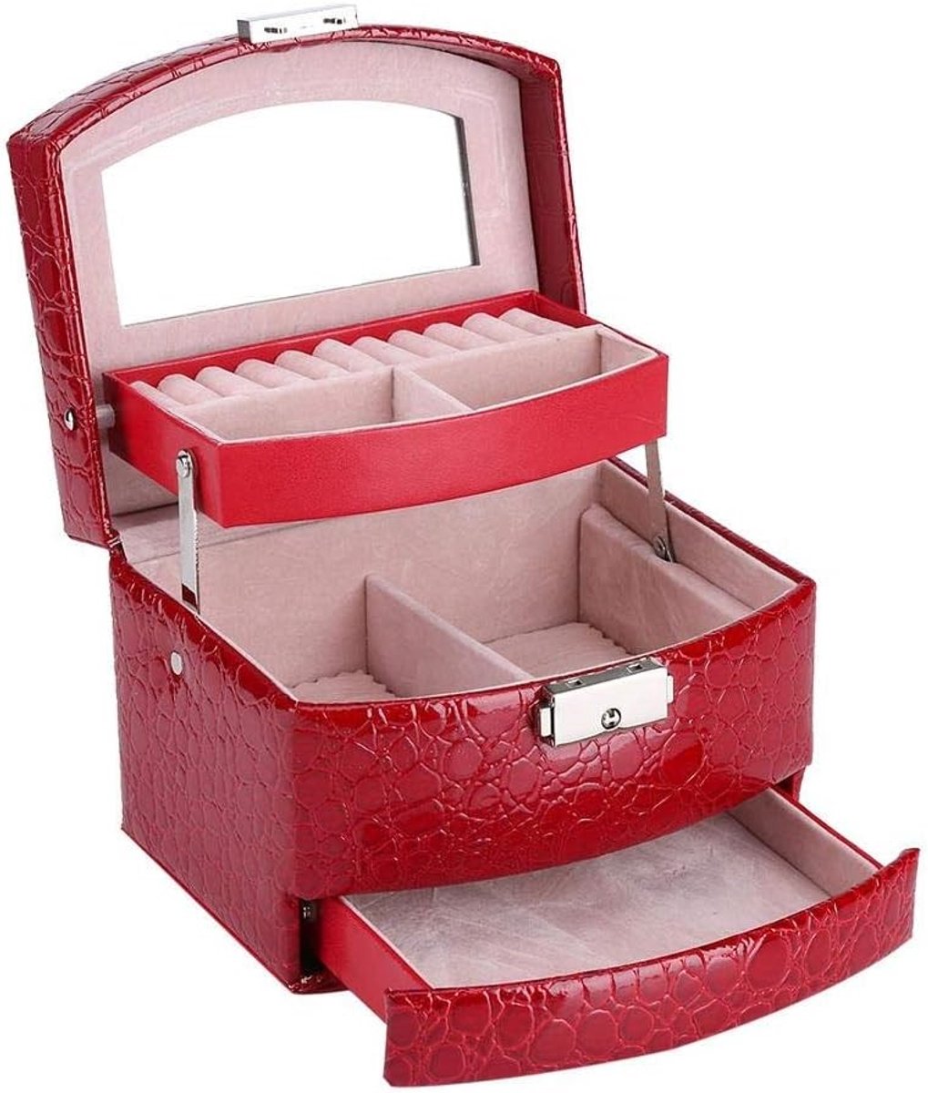 Sieradenopbergdoos met 3 Lagen en Spiegel, Lockable Opbergruimte voor Kettingen, Ringen en Oorbellen, Perfecte Cadeau voor Vrouwen en Meisjes