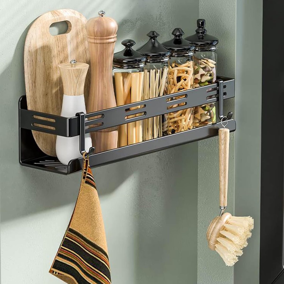 SnelShoppen - Wandrek Keuken zonder Boren, Hangend Kruidenrek met Keukenrol Houder en 4 Haakjes, Organizer voor Bestek en Keukenaccessoires (40cm, Zwa