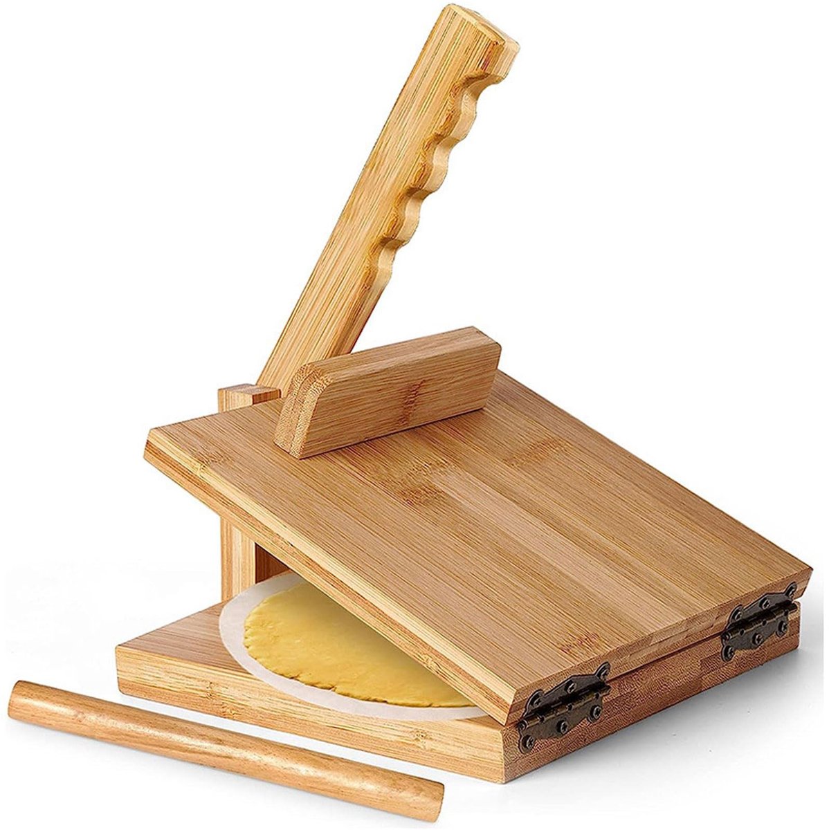Inovra- Tortilla Pers Houten Deegpers - Inclusief Deegroller - 50 Vellen Bakpapier - Geschikt voor Tortilla's/Pannenkoeken - Afmetingen 25,4 x 25,4 cm - Stevig en Duurzaam