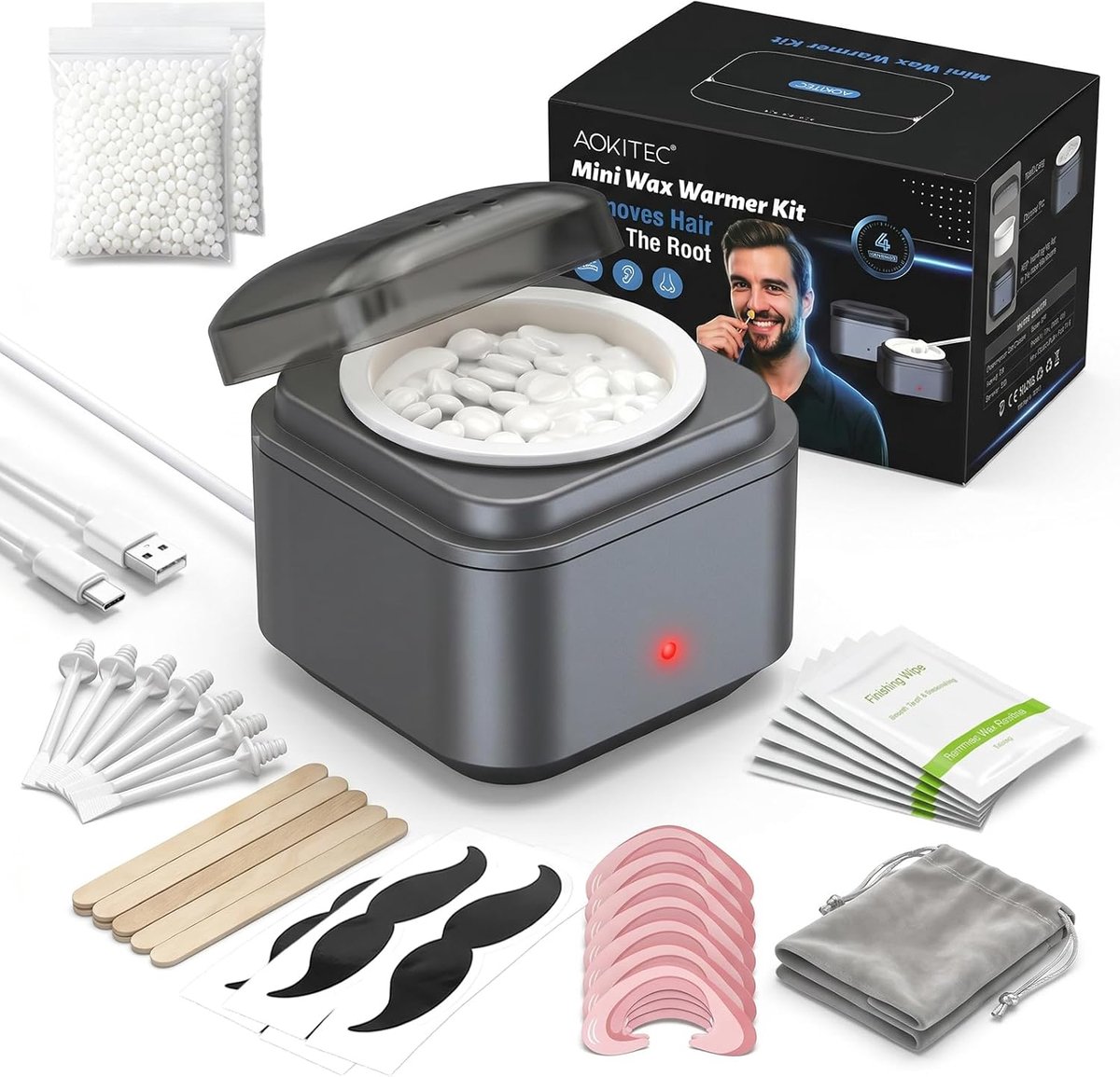 Thijox - Neushaarverwijderaar Waxset voor Heren met USB Snelverwarming - Ontharingswaxkit voor Neus, Oren, Wenkbrauwen en Baardcontouren - Inclusief W