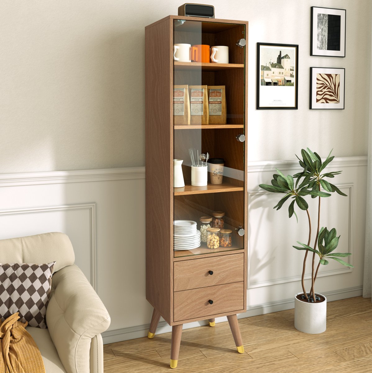 MIVRAY Kast Glazen Deur Met Verstelbare Planken En 2 Laden Voor Woonkamer Badkamer En Kantoor MDF Houtkleur 39,8 X 35 X 160 Cm