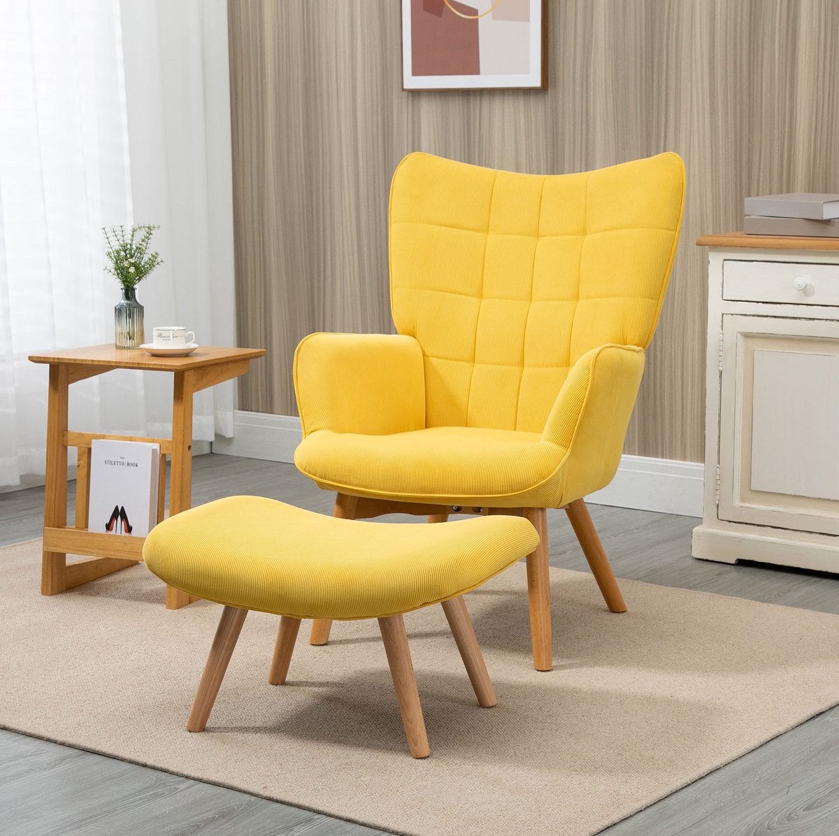 MEUNIQ fauteuil met hocker 72 x 80 x 101 cm, oorfauteuil met armleuningen, houten poten en cord-look stof, lounge stoel voor woonkamer en leeshoek, geel