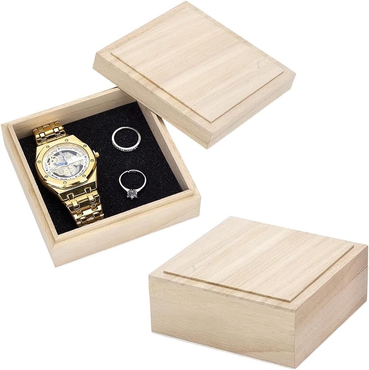 2 Stuks Houten Opbergdozen met Spons 110x110x44mm in Antiek Wit voor Sieradenopslag, Cadeauverpakking en Thuisorganisatie