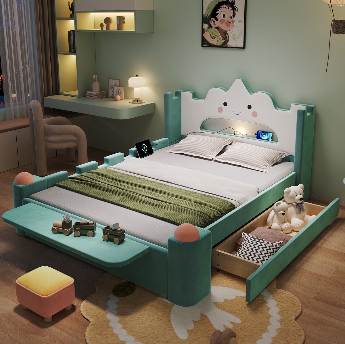 Kinderbed 140x200 cm - Wolkenbed Met LED Leeslamp En USB Aansluiting - Met Bedlade En Opklapbare Plank - Zonder Matras - Stof - Blauwgroen