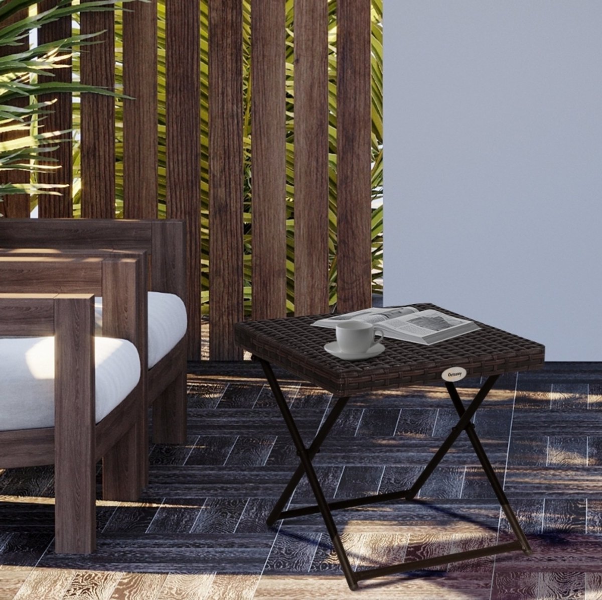 MEUNIQ klapbare bijzettafel voor tuin en balkon 40 x 40 x 40 cm in polyrattanlook, vierkante tuintafel met metalen frame, bruin
