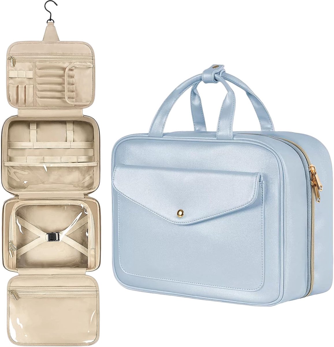 Thijox - Grote Waterdichte Toilettas voor Dames - Opvouwbare Cosmetica Organizer om op te Hangen - Perfect voor Reizen, Kamperen, Blauw