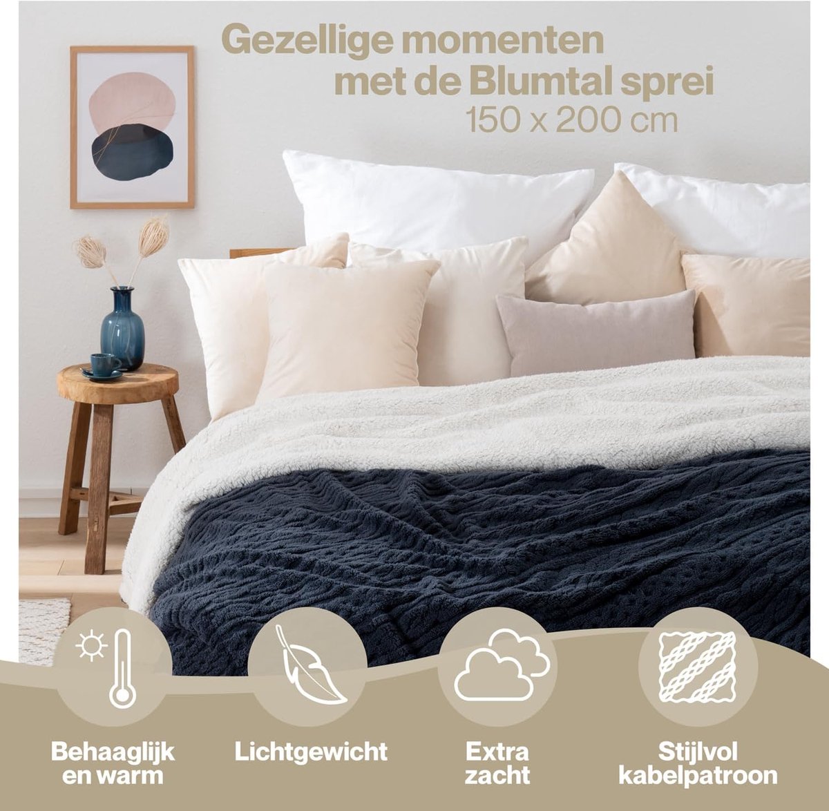 Thijox - Fleece Deken 150x200 cm - Kabelgebreide Look - Oeko-TEX Gecertificeerd - Microvezel Fleece met Zachte Sherpa Binnenkant - Donkerblauw en Ivoo