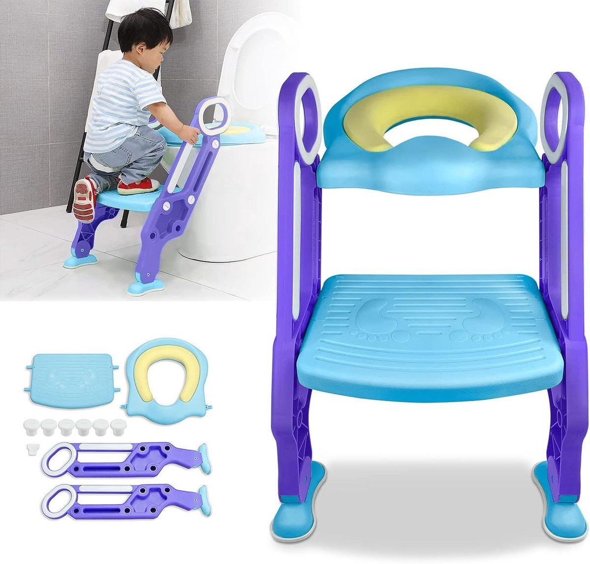 Kinder toiletbril - Potjestrainer trap - Zelfstandig naar toilet - In hoogte verstelbaar - Universeel design - Blauw paars