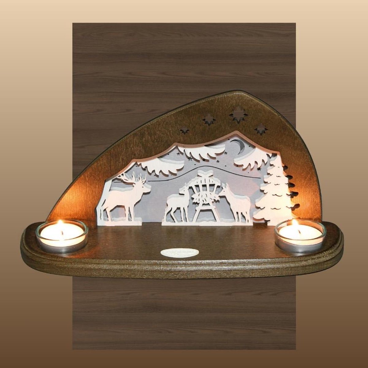Theelichthouder Bosdieren - Houten Decoratie - Sfeervol Interieur - Gemaakt van Beukenhout - 29 cm Lengte - Multicolor