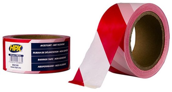 Twee rollen rood-wit diagonaal gestreept afzetlint. Een rol is gesloten, de andere rol is open met een stuk lint eruit.