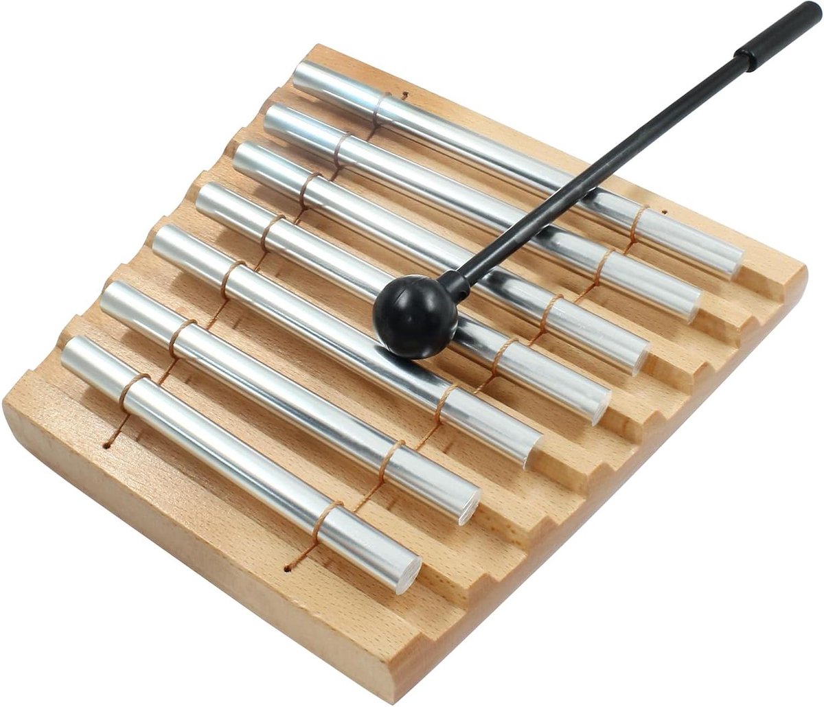Meditatie Klokkenspel - Zeven Toon Instrument - Rustgevend Geluid - Langdurige Klank - 17 cm Lengte - Hout Zilver