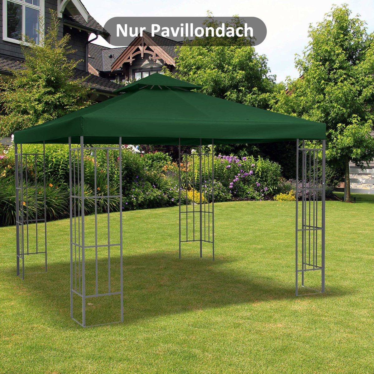 MEUNIQ Pavillondak vervangingsdoek 3x3 m dubbel dak met ventilatieopening 180 g/m² polyester waterafstotend voor metalen tuinpaviljoen met 8 ogen en 8 klittenbanden groen