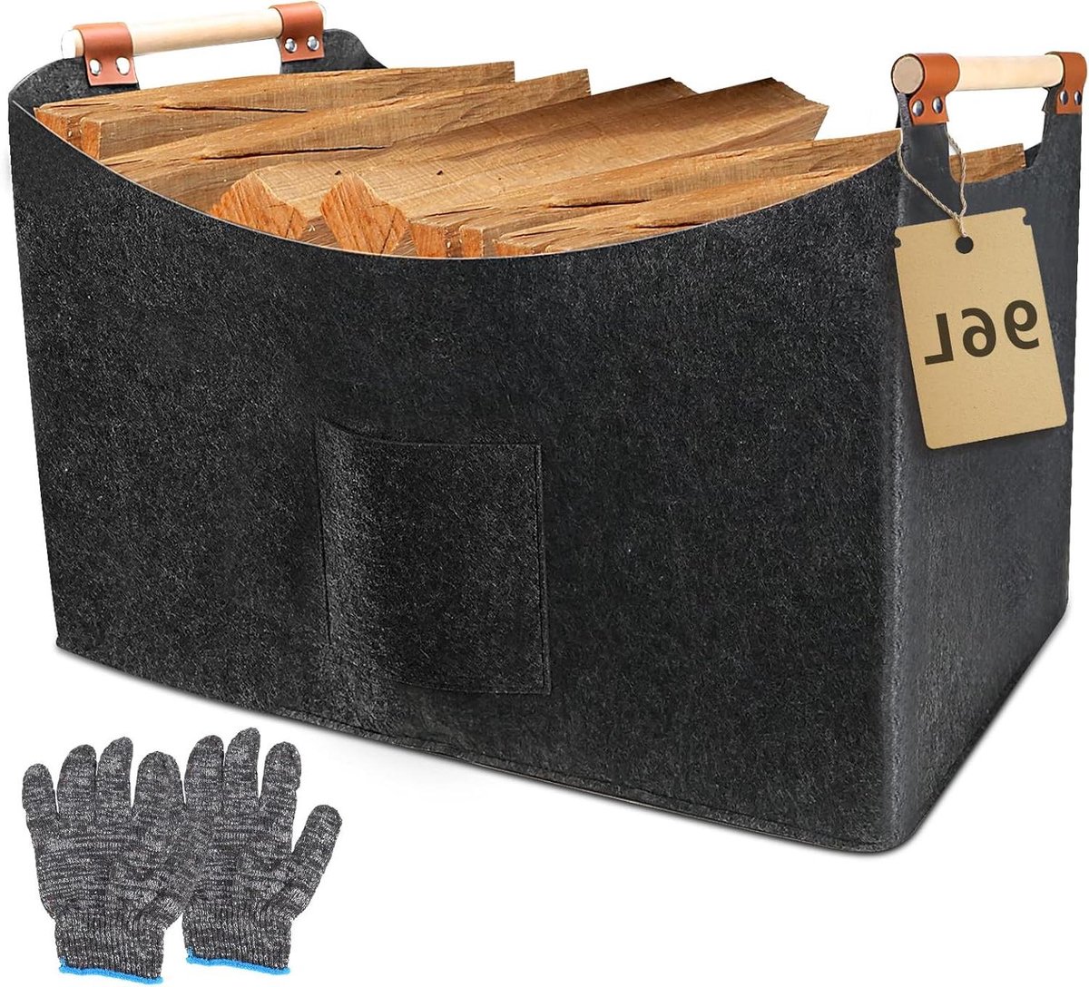 Houtmand Grote Vilt - Opbergmand - Haardhout Opslag - Inclusief Werkhandschoenen - 96 Liter - Donkergrijs