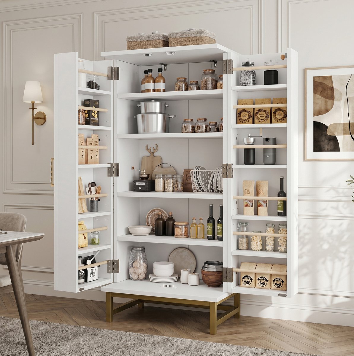 MIVRAY Buffetkast - Compacte Opbergkast Met Verstelbare Planken En Deurvakken - Voor Keuken En Woonkamer - Wit En Goud - 60x40x130 Cm