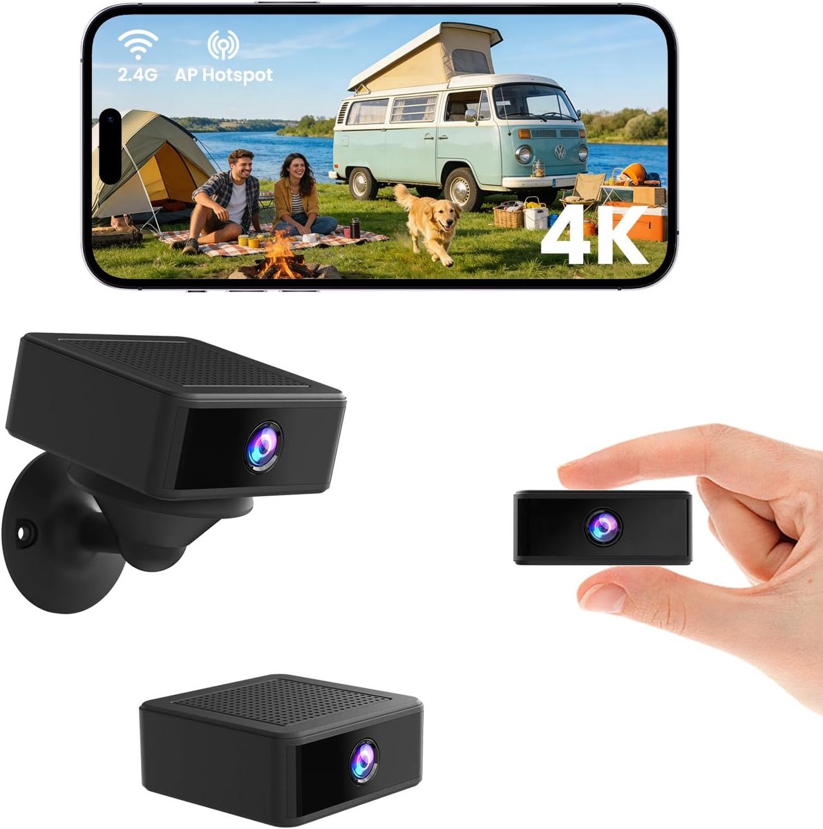 SnelShoppen - Mini Spionagecamera 4K met WiFi en Nachtzicht, Draadloze Beveiligingscamera voor Binnen/Buiten, Bewegingsdetectie, Zwart