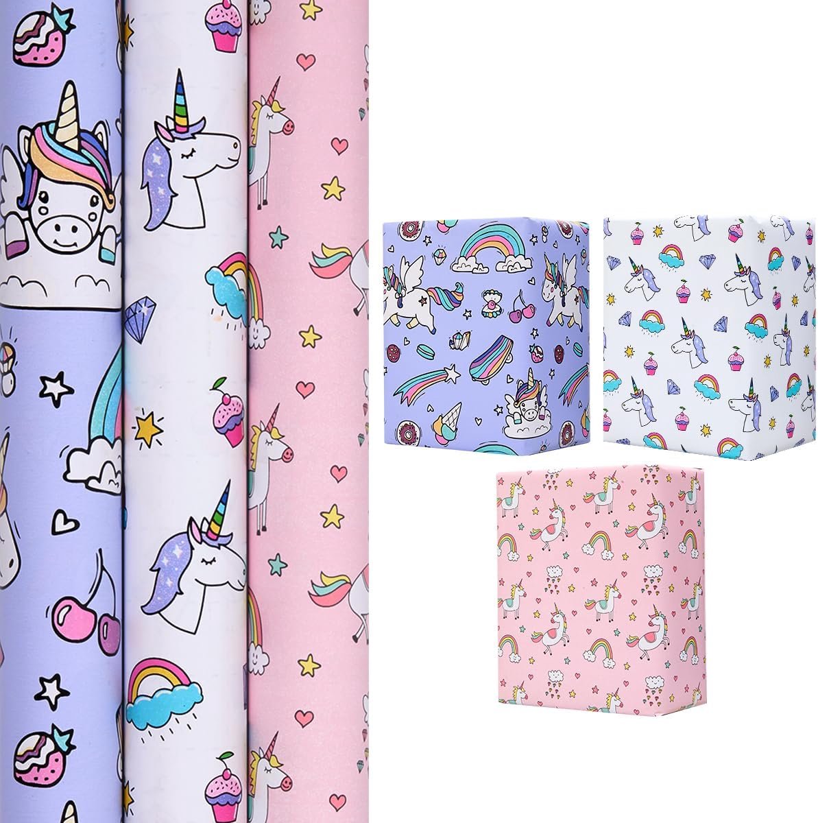 SnelShoppen - Rol Inpakpapier voor Verjaardagen - 3 Rollen 43 cm x 3 m - Eenhoornpatroon in Paars, Roze en Wit - Perfect voor Kinderen en Feestjes