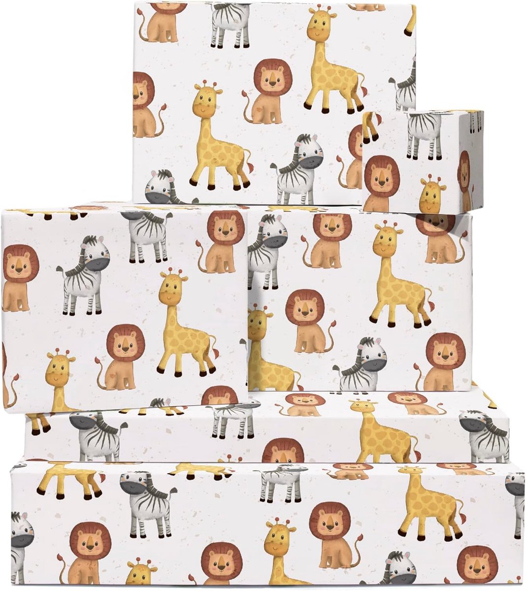 SnelShoppen - Inpakpapier voor Kinderen, 6 Vellen Cadeauverpakking met Jungle Dieren, Zebra, Giraffe en Leeuw, Perfect voor Babyshower, Verjaardag en