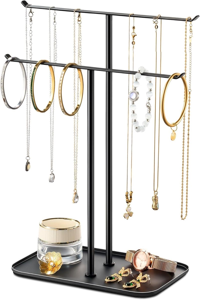Dailygoods- Sieradenstandaard Stijlvol Metalen Frame - Sieradenhouder - 2-laags T-bar - Geïntegreerde Lade - Voor Kettingen/Armbanden - Schokbestendig en Stabiel