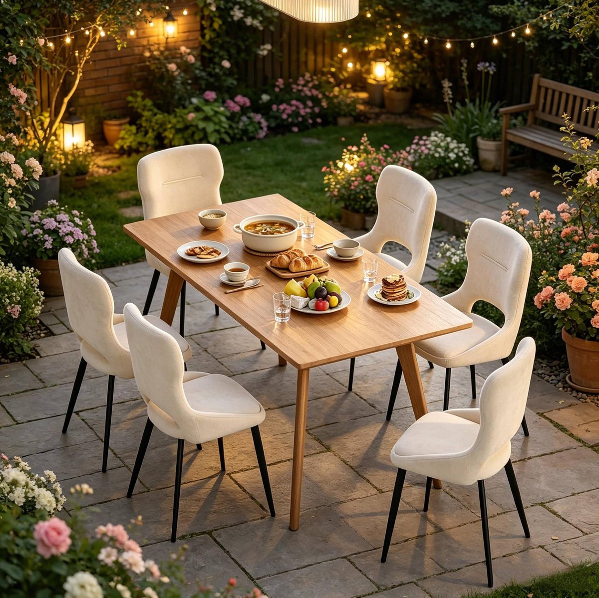 MIVRAY Eetkamerstoel 43 x 40 x 86 cm - Set van 6 met Chenille Bekleding en Open Rugleuning - Voor Eetkamer en Keuken - Metaal Beige