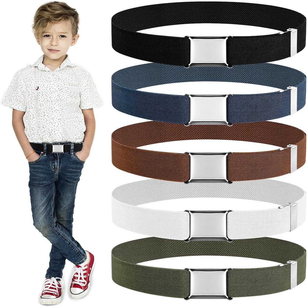 Verstelbare elastische riem voor kinderen van 2-15 jaar met zilveren vierkante gesp, ideaal voor spijkerbroeken, shorts en rokken - 5 stuks