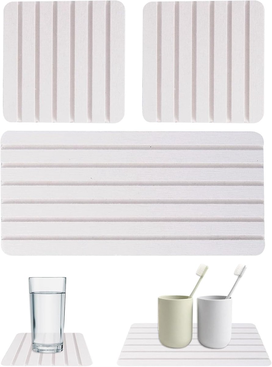 Diatomeeënaarde Onderzetters voor Zeep, Waterabsorberende Badkamer Tray met Groeven, Antislip en Sneldrogend voor Handzeep en Drinkflessen (Wit)