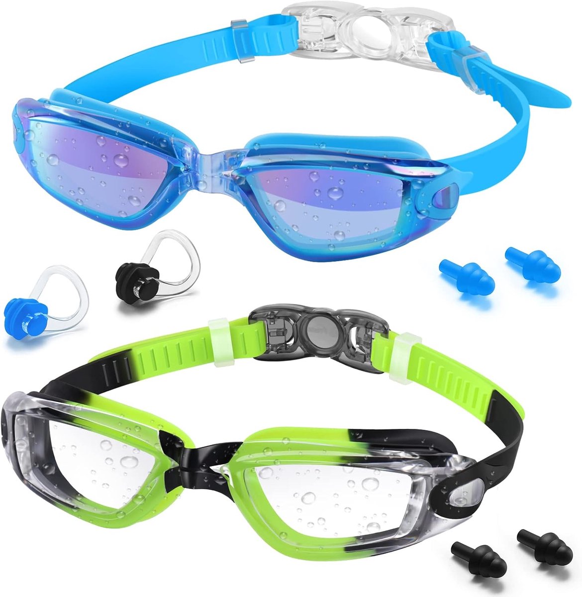 Thijox - Kinderzwembril 2-pack voor jongens en meisjes 6-14 jaar, UV-bescherming, anti-mist, waterdicht, geen lekkage, ideaal voor zwembad en vakantie