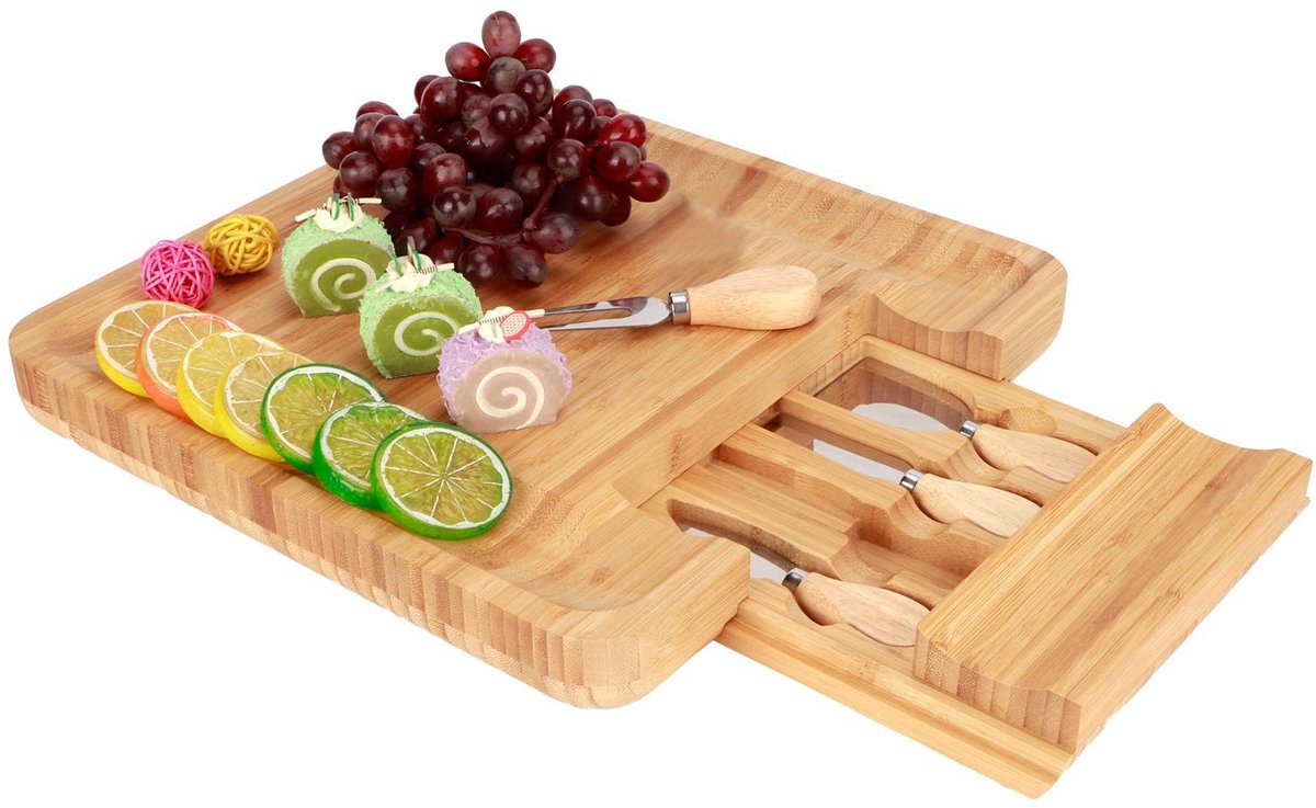Dailygoods- Kaasplankset Bamboe - Kaasplank met Uittrekbare Lade - Kaasmessen Set - Duurzaam en Veilig - Eenvoudig Onderhoud - Elegante Servering
